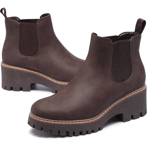 Womens Brown Faux Leather Low Wedge Heel Slip On Chunky Platform Ankle Boots - Picture 4 of 7